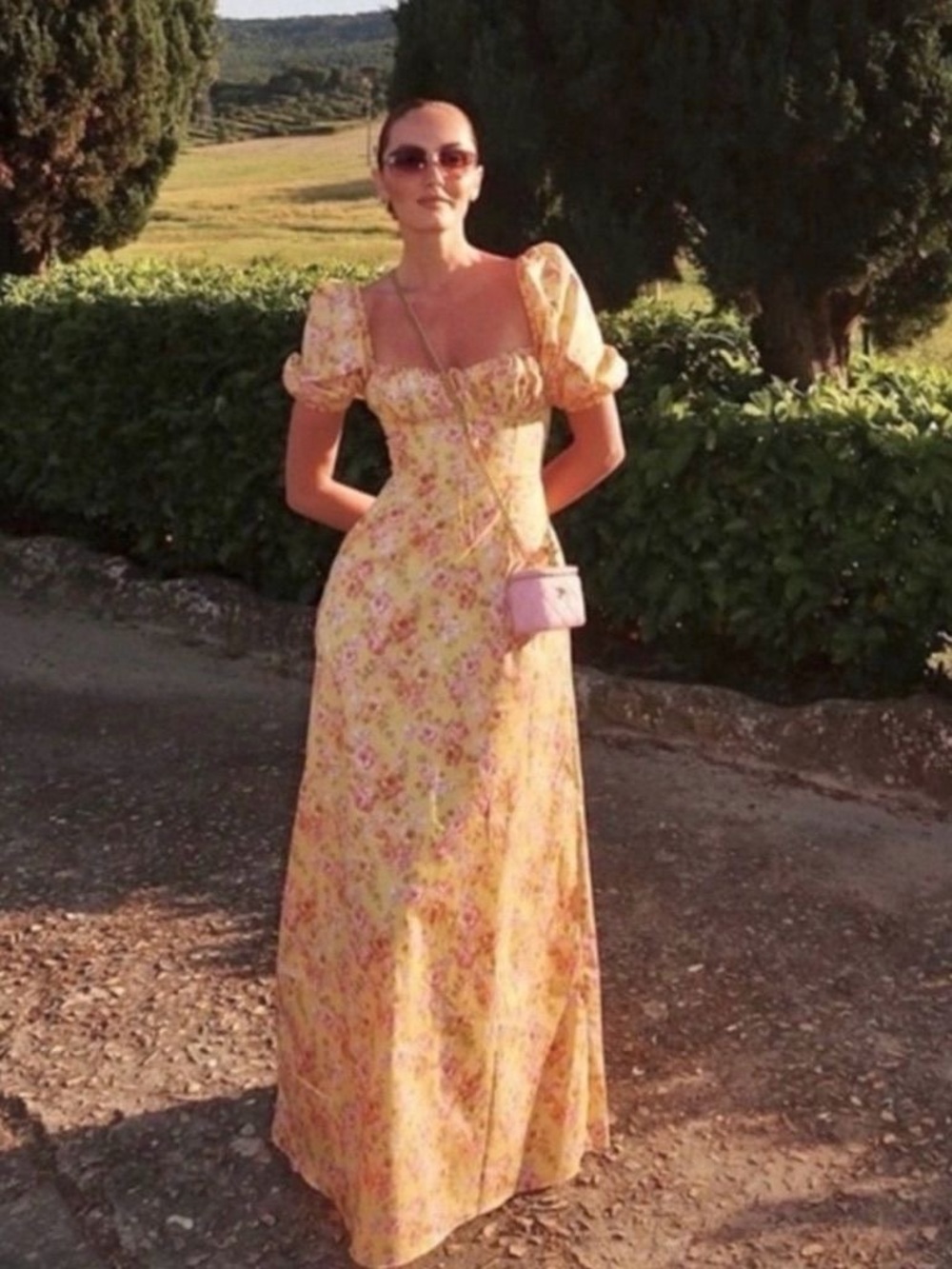 House of CB Yellow Floral Puff-Sleeve Maxi Dress